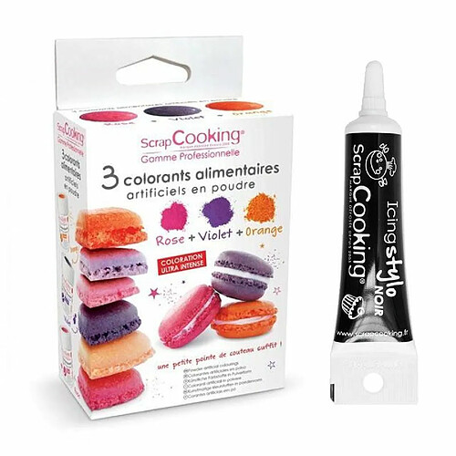 Scrapcooking 3 colorants alimentaires orange, violet, rose + Stylo de glaçage noir