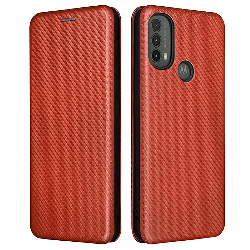 Coque en TPU + PU texture en fibre de carbone, fermeture automatique magnétique avec support orange pour votre Motorola Moto E30/E40