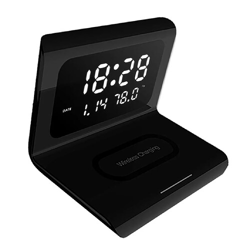 Réveil Multifonction Chargeur Sans Fil Horloge Moderne Thermomètre Noir