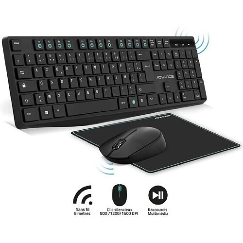 Advance Pack 3en1 clavier souris tapis sans fil 2.4G, clavier 12 touches raccourcis type slim et soft touche, souris 800/1200/1600 DPI