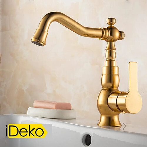 iDeko® Robinet salle de bain de lavabo vintage de luxe style D'OR mono laiton céramique