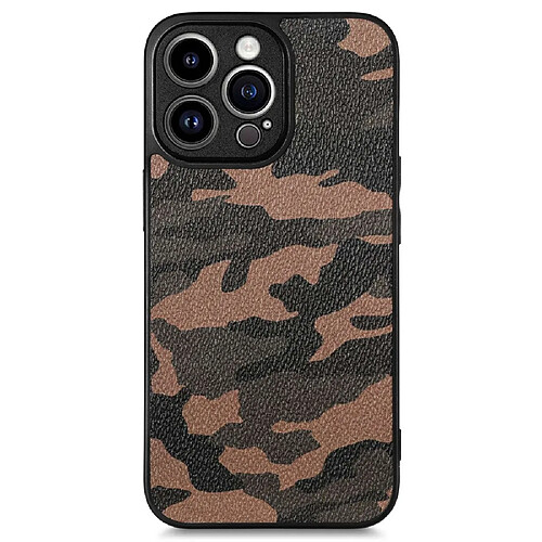 Coque en TPU + PU étui à chocs, support de la recharge sans fil, motif camouflage pour votre iPhone 14 Pro - marron