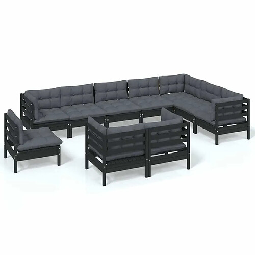 Maison Chic Salon de jardin 10 pcs + coussins - Mobilier/Meubles de jardin - Table et chaises d'extérieur Noir Bois de pin solide -MN95628