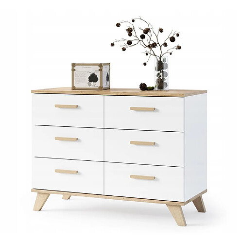 Dusine BERGEN Buffet scandinave 100 cm sur pieds Bois et Blanc 6 tiroirs