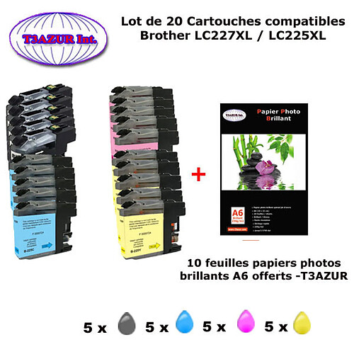 T3AZUR - 5+15 Cartouches compatibles Brother LC227 , LC225 , LC227XL , LC225 XL, LC 227XL , LC 225 XL + 20F PPA6