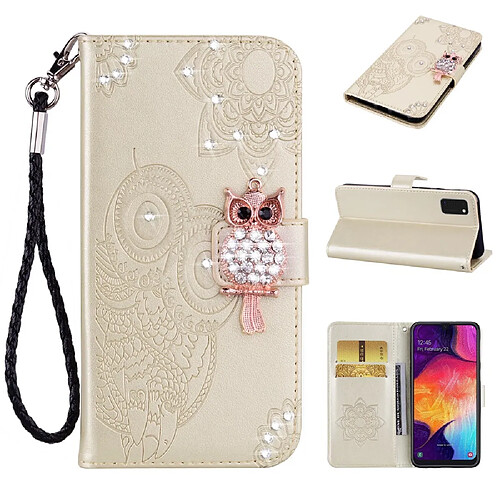 Etui en PU décor de strass imprimé hibou or pour votre Samsung Galaxy A41 (Global Version)