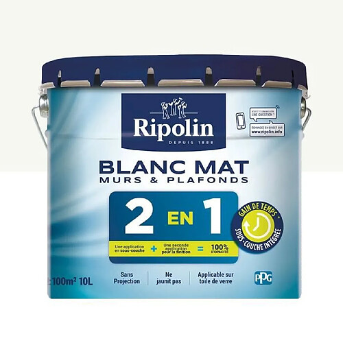 RIPOLIN Peinture blanche pour murs et plafonds avec sous-couche integre - Blanc mat - 10 L