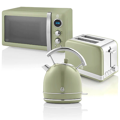 Retro Set Petit-Déjeuner Bouilloire 1,8L Grille-Pain 2 Tranches Micro-ondes 20L, 850, Vert, SWAN, STRP2070GNEU