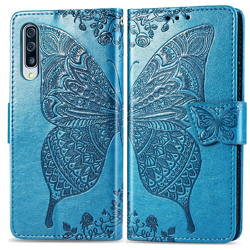 Wewoo Housse Coque Étui en cuir à rabat horizontal Butterfly Love Flowers gaufrage pour Galaxy A70avec porte-cartes et porte-cartesportefeuille et lanière bleu