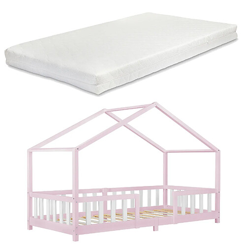 Lit d'enfant Treviolo Forme Maison avec Matelas à Mousse à Froid 200 x 90 cm Rose Blanc [en.casa]