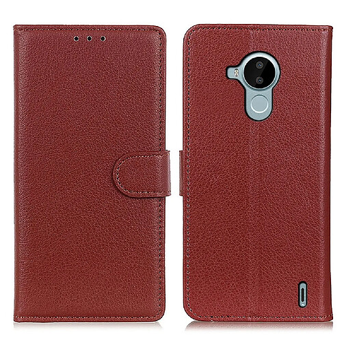 Etui en PU texture litchi avec support, marron pour votre Nokia C30