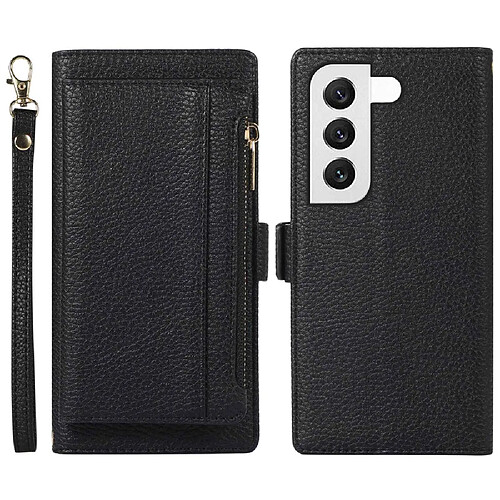 Etui en PU texture litchi, anti-rayures, magnétique avec support, pochette à fermeture éclair et sangle pour votre Samsung Galaxy S22 5G - noir