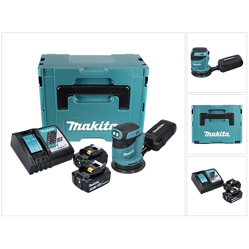 Makita DBO 180 RTJ Ponceuse excentrique sans fil 18V + 2x Batteries 5,0Ah + Chargeur + Coffret Makpac