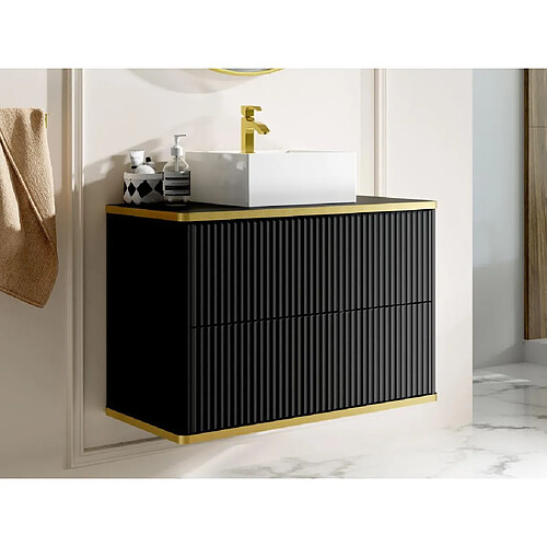 Vente-Unique Meuble de salle de bain suspendu strié liseré doré avec vasque à poser - Noir - 80 cm - KELIZA