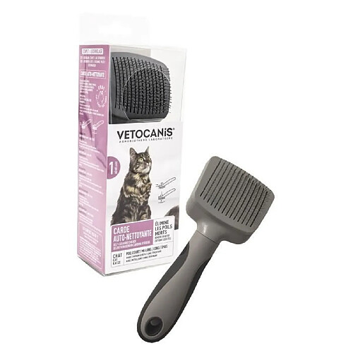 VETOCANIS Brosse carde retractable et autonettoyante - Pour éliminer les poils morts - Pour chat