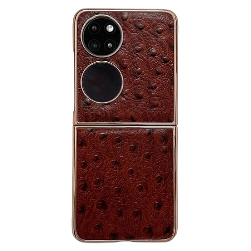 Coque en TPU + cuir véritable électroplaqué, texture autruche, anti-rayures pour votre Huawei P50 Pocket - café