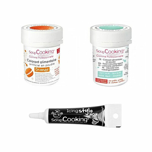 Scrapcooking 2 colorants alimentaires orange-vert d'eau + Stylo glaçage noir