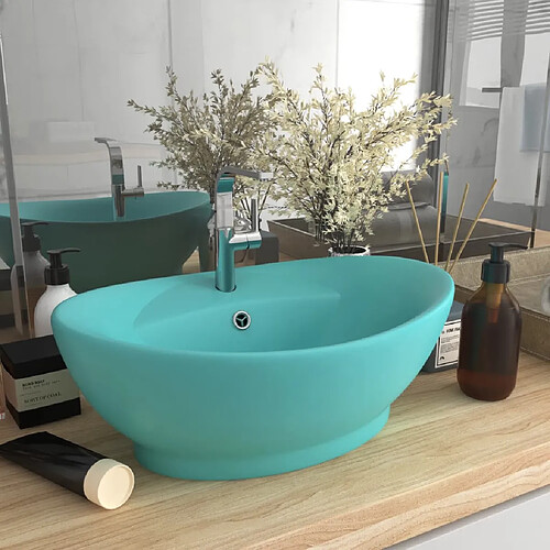 vidaXL Lavabo ovale à trop-plein Vert clair mat 58,5x39 cm Céramique