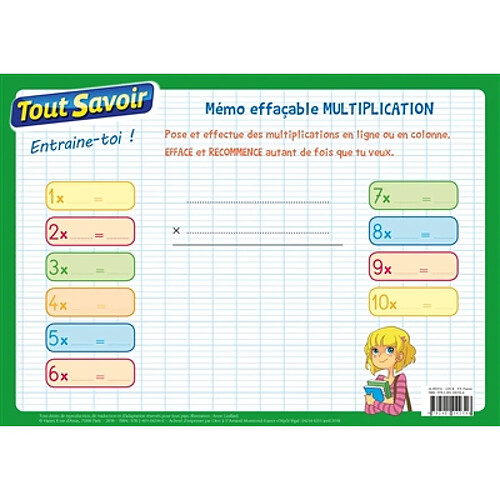 Multiplication : mémo effaçable : CE1, CE2, CM1, CM2