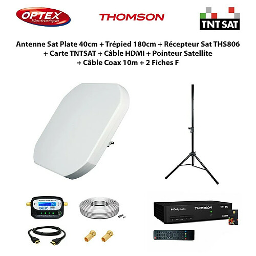 Optex Antenne Sat Plate 40cm + Trépied 180cm + Récepteur Sat THS806 + Carte TNTSAT + Câble HDMI + Pointeur + Câble Coax 10m + 2 Fiches F