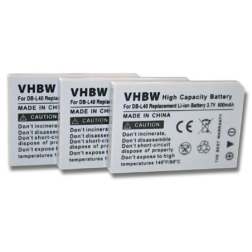 vhbw 3x batterie remplacement pour Sanyo DB-L40AU pour caméra vidéo (600mAh, 3,7V, Li-ion)