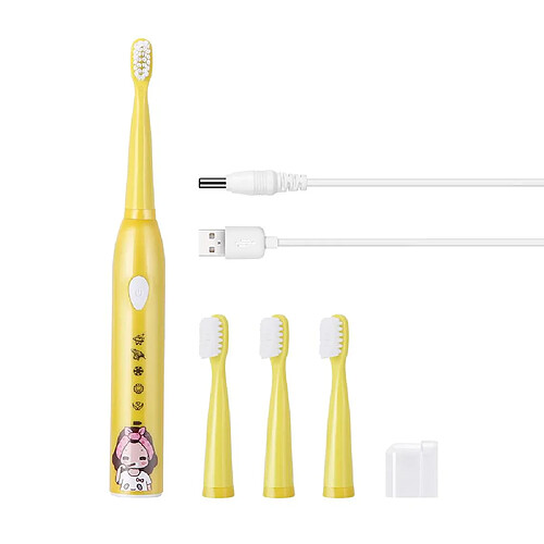 Universal Brosse à dents électrique à 5 modes USB rechargeable dessin animé étanche Brosse à dents à 4 têtes de remplacement pour enfants | Brosse à dents électrique(Jaune)