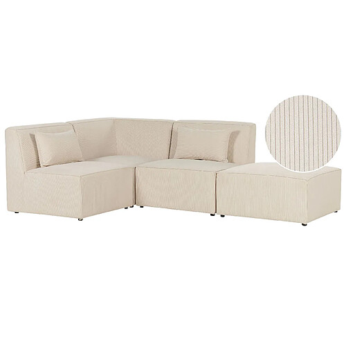 Beliani Canapé d'angle côté droit modulable 3 places en velours côtelé beige avec ottoman LEMVIG