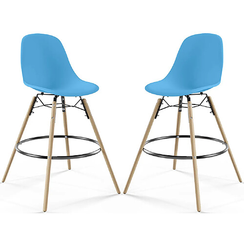 ICONIK INTERIOR Tabouret de Bar - Design Scandinave - Pieds en Bois - Lot de 2 - Skögur Bleu