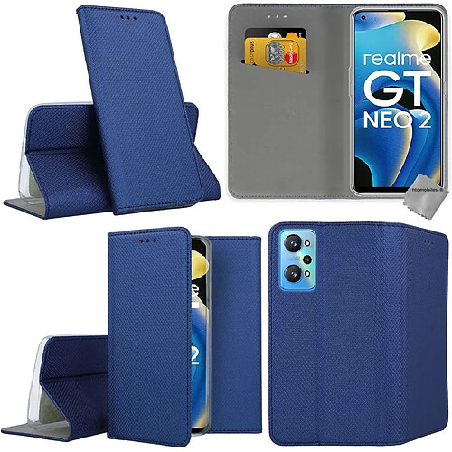 Htdmobiles Housse etui portefeuille avec coque intérieure en silicone pour Realme GT 2 5G / GT Neo 2 5G / GT Neo 3T 5G + film ecran - BLEU MAGNET