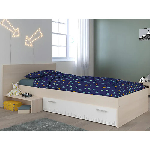 Vente-Unique Lit enfant 90 x 190 cm avec 1 tiroir - Coloris : Naturel et blanc + sommier + matelas - IPLIA