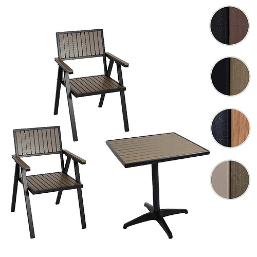 Mendler Lot de 2 chaises de jardin + table de jardin HWC-J95, revêtement Gastro Outdoor, alu aspect bois ~ noir, gris