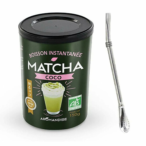 Aromandise Boisson instantanée Matcha coco 150 g + paille inox avec filtre