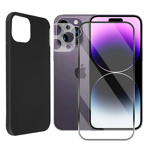 Protection intégrale Verre Trempé pour iPhone 14 Pro Max + Verre Trempé Caméra Arrière + Coque souple silicone Noir -Visiodirect-