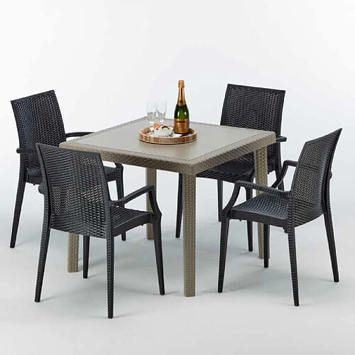 Grand Soleil Table carrée beige + 4 chaises colorées Poly rotin synthétique Elegance, Chaises Modèle: Bistrot Arm Anthracite noir