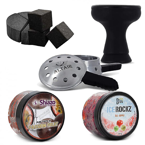 Pack Charbon Chicha + Système de Chauffe + Foyer Silicone + Shiazo + Big Ice Rockz