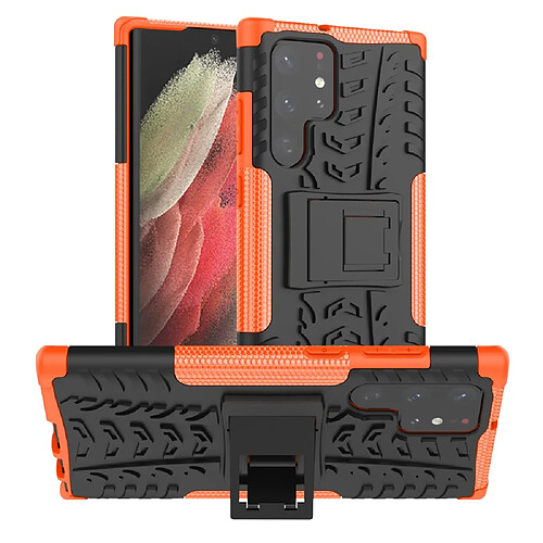 Coque en TPU anti-rayures, texture pneu avec béquille orange pour votre Samsung Galaxy S22 Ultra