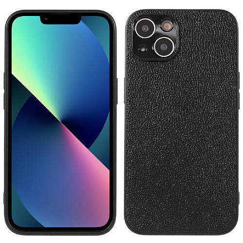 Coque en cuir véritable texture litchi noir pour votre iPhone 13 6.1 pouces