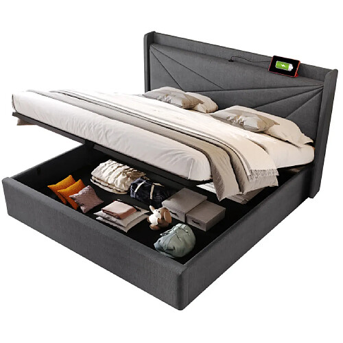 ComfortXL Lit Polsterbett Doppelbett Avec Espace De Rangement Et Port USB Type , 180x200