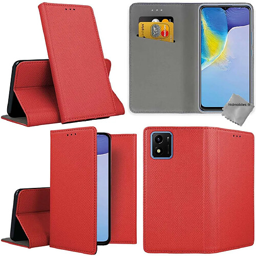 Htdmobiles Housse etui portefeuille avec coque intérieure en silicone pour Vivo Y01 + verre trempe - ROUGE MAGNET