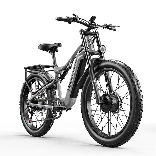 SHENGMILO-S600 Vélo électrique Softail Gris Mat pour Hommes, Gros Pneus Double Moteurs 2000W 17,5AH 840WH 50km/h Vélo électrique Le Plus Rapide 26 Pouces Suspension Complète 90km Cyclomoteur électrique 7 Vitesses 45° en Montée