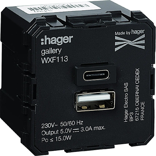 chargeur double usb - type a+c - hager wxf113