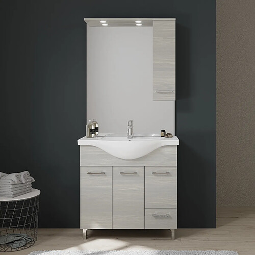 Kiamami Valentina MEUBLE DE SALLE DE BAINS DE 85 CM SUR PIEDS CHROMÉS CHÊNE GRIS | RIMINI