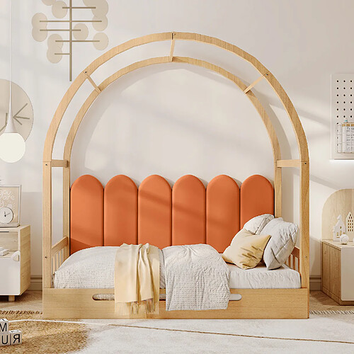 KOMHTOM Lit Enfant Extensible Simple Et Double - 140X100/200cm - Cadre En Bois De Pin - Naturel Et Orange