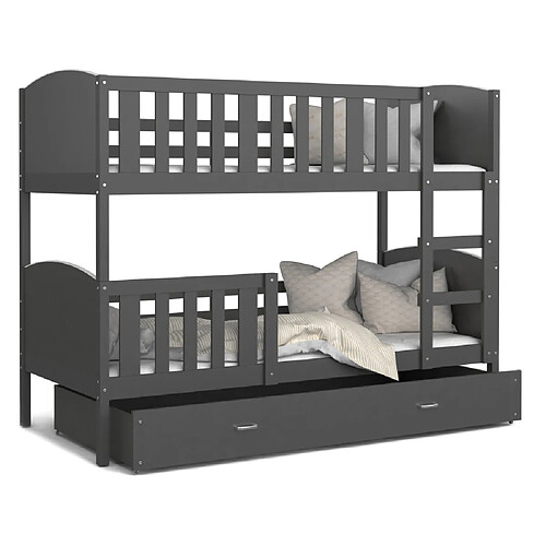 Kids Literie Lit Superposé Tomy 90x190 Gris - gris Livré avec sommiers, tiroir et matelas en mousse de 7cm