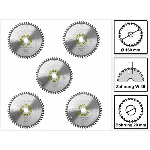 Festool HW Lames de scie denture fine 160 x 20 x 2,2 mm W48 160 mm - 48 Dents ( 5 x 491952 )