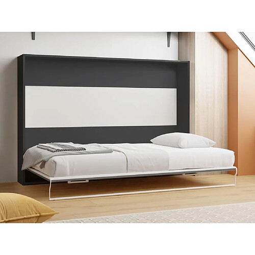 Vente-Unique Lit escamotable 140 x 200 cm - Ouverture horizontale manuelle - Anthracite et naturel + Matelas - MALINA II