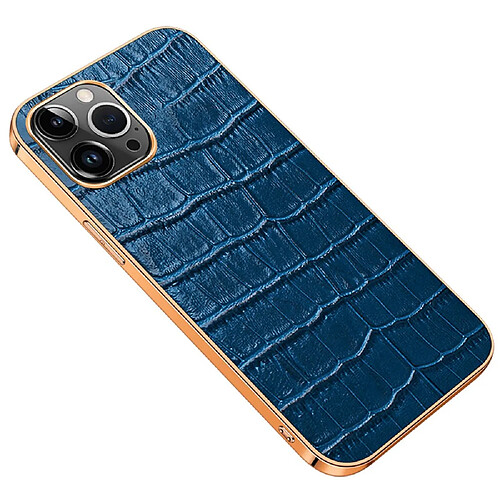 Coque en TPU + cuir véritable électroplaqué, texture crocodile, anti-chute pour votre iPhone 14 Pro Max - bleu