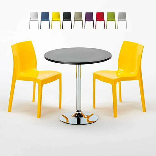 Grand Soleil Table Ronde Noir et 2 Chaises Colorées P