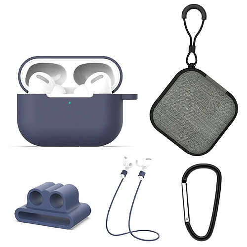 Wewoo Coque Pour AirPods Pro 5 en 1 étui de protection écouteurs silicone + sac d'écouteurs + boucle + crochet + ensemble de cordes anti-perte bleu