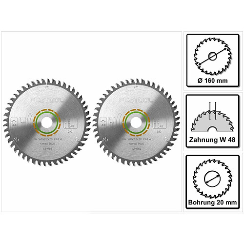 Festool HW Lames de scie denture fine 160 x 20 x 2,2 mm W48 160 mm - 48 Dents ( 491952 )